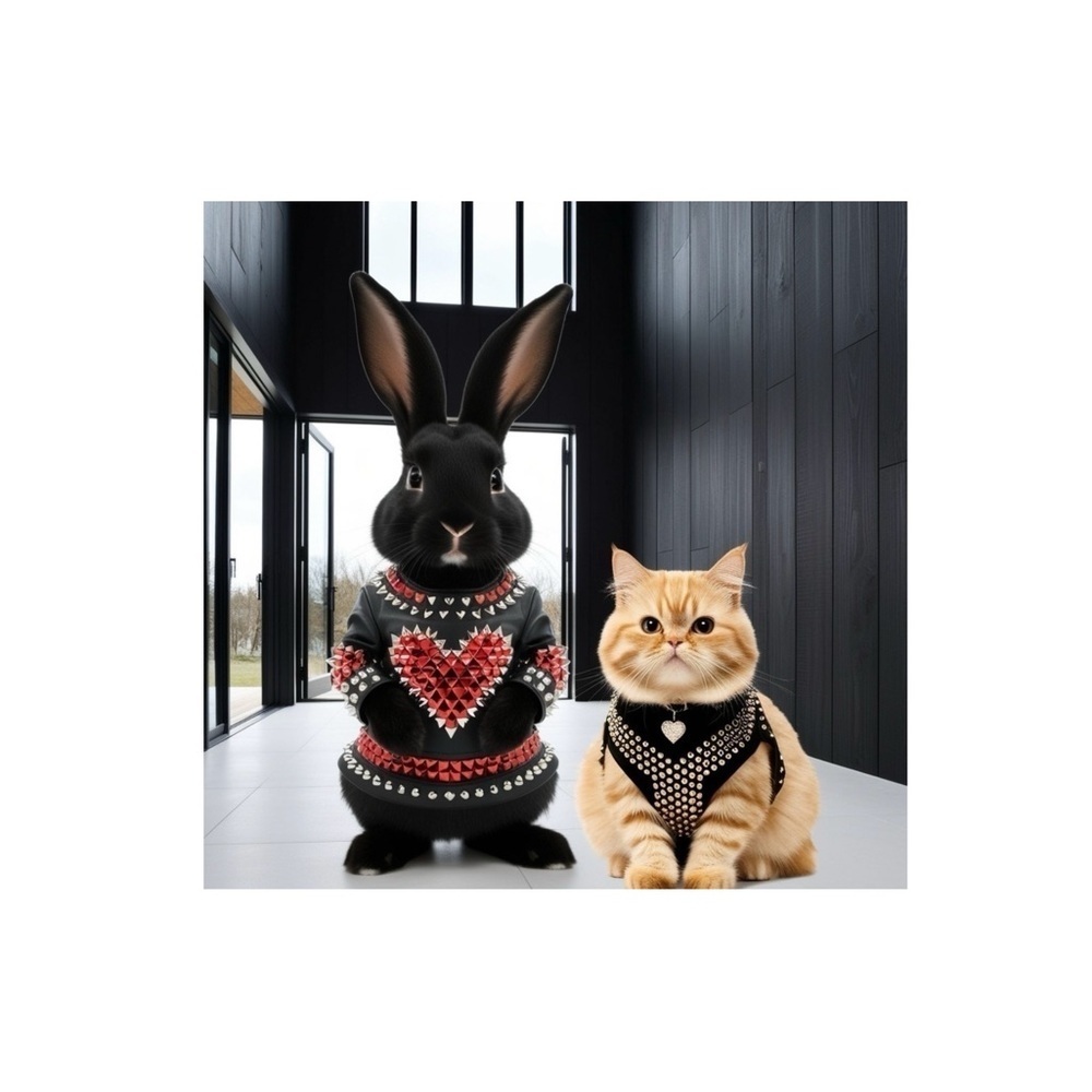 HANDCRAFTED digital art by me bunny and cat image in interior design space print